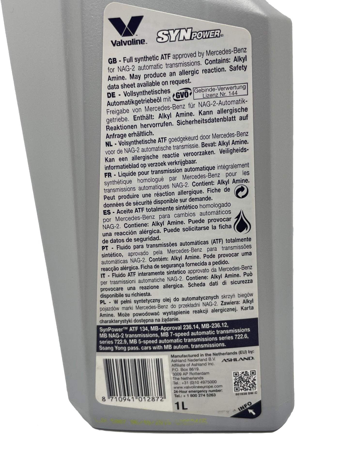 1 ltr Valvoline ATF134 versnellingsbakolie Mercedes 5 of 7 traps MB 236.14